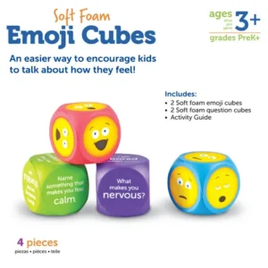 includes 2 soft emoji cubes, 2 soft question cubes and activity guide