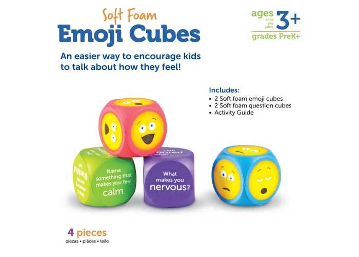 includes 2 soft emoji cubes, 2 soft question cubes and activity guide
