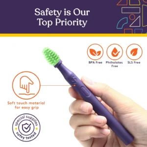 BPA free, phthalates free, SLS free, soft touch material for easy grip