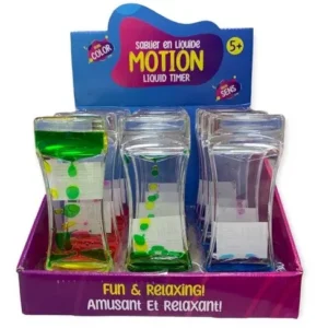 plastic timers with water and colored oil that drips down from end to end