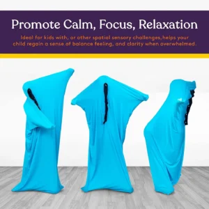 promote calm, focus and relaxation. shows person inside body sock, head included.