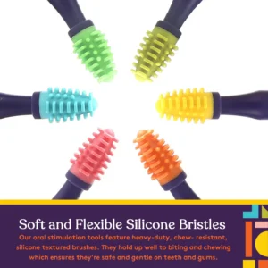 soft and flexible silicone bristles that are heavy-duty, chew-resistant. safe and gentle on teeth and gums