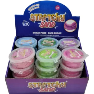 display case of stretching sand containers in 6 different colors