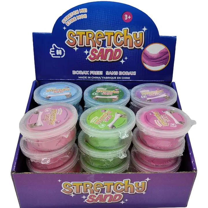 display case of stretching sand containers in 6 different colors
