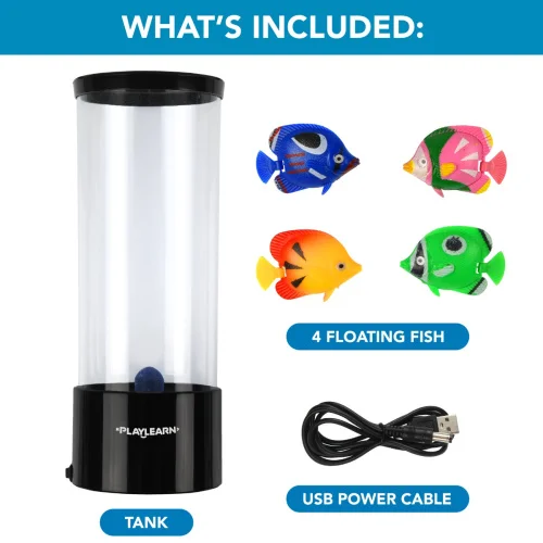 4 plastic fish included with clear tube with black base and bottom and usb power cable