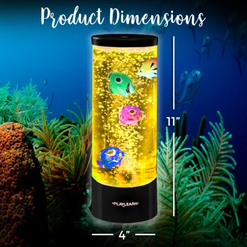11" tall by 4" across cylinder, lit with yellow light