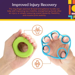 two hands demonstrate green donut and blue hand stretcher