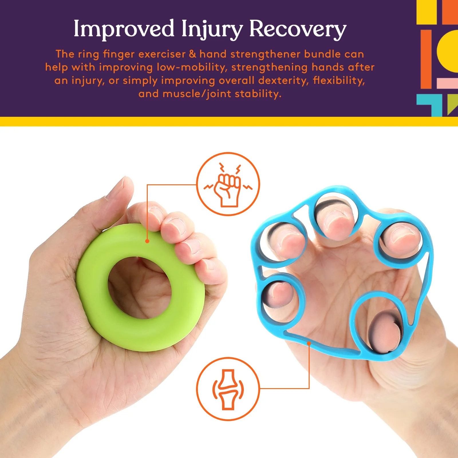 two hands demonstrate green donut and blue hand stretcher