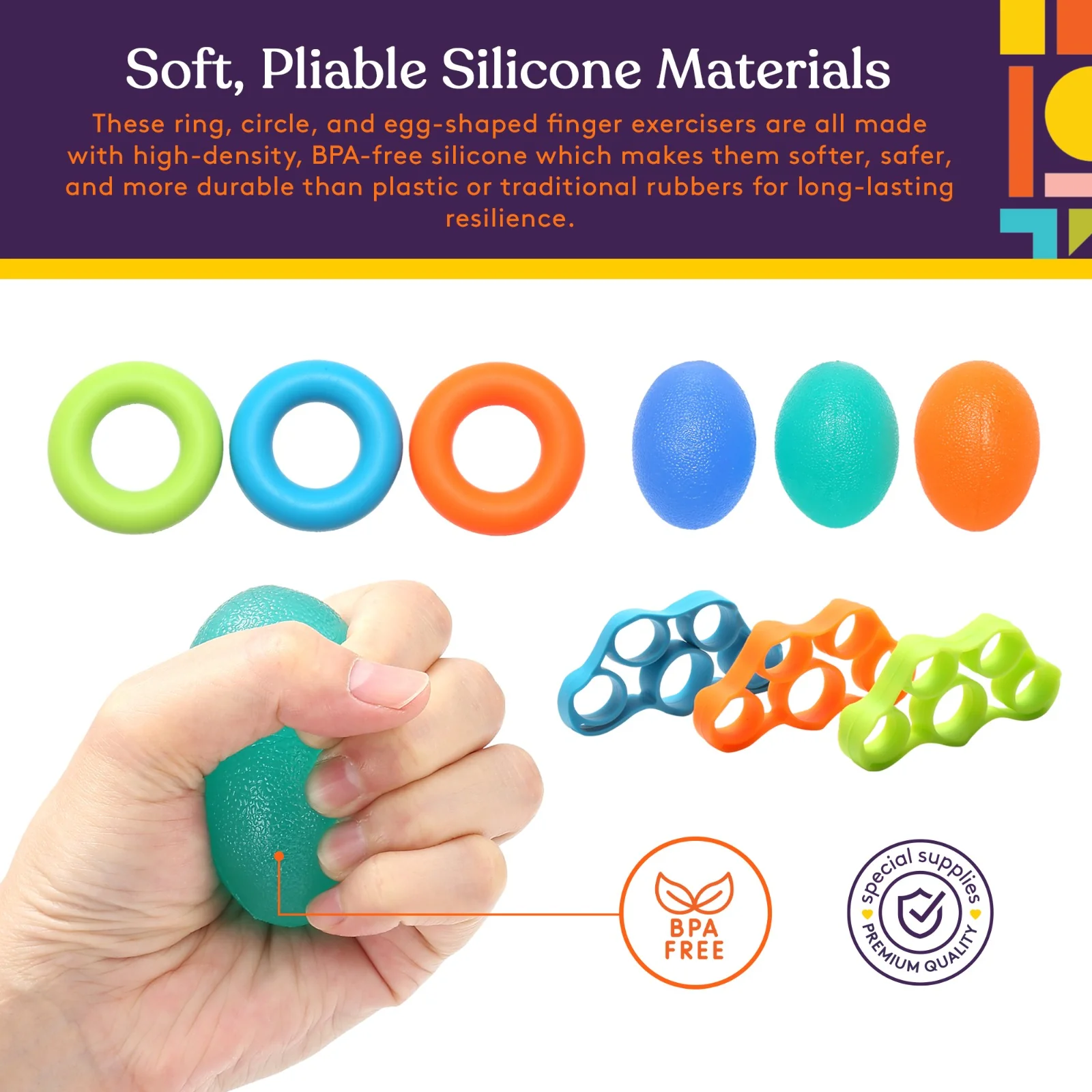 6 hand therapy putty for kids, 3 ring finger exercisers, 3 hand exercisers, and 3 egg-shaped grip strengtheners