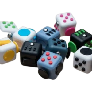 assorted colors of fidget cubes with different textures on each face