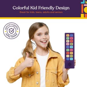 Colorful kid friendly design, young girl holding device