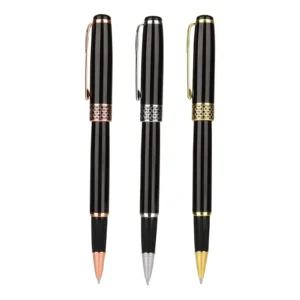 Three weighted pens in rose gold, silver, and gold