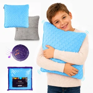 A young boy holds a plush, blue pillow