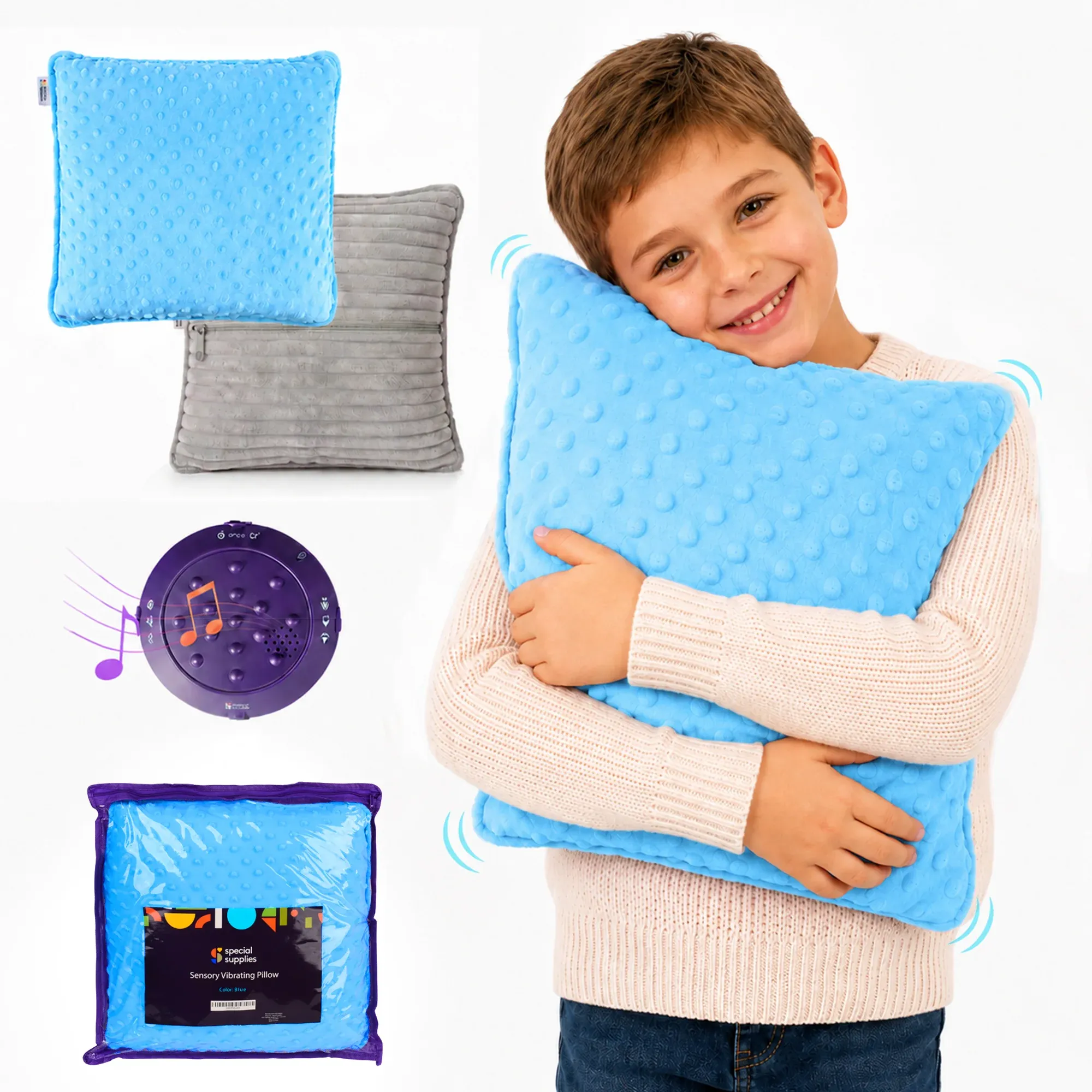 A young boy holds a plush, blue pillow