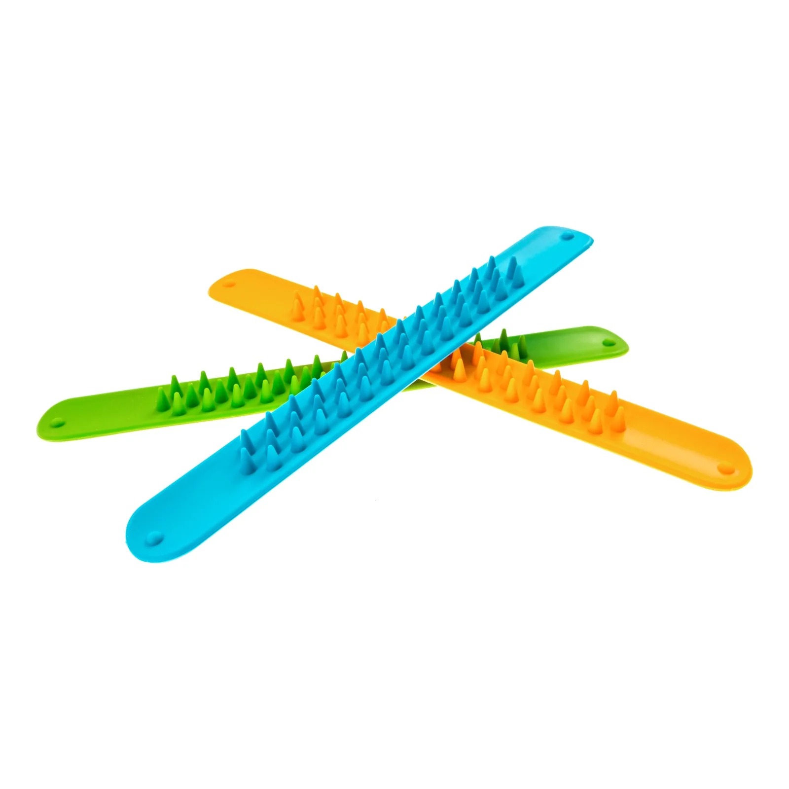 3 spikey snap bracelets in blue, orange, and green