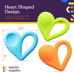 Heart shaped teething spoons, measuring 3.5 inches by 3 inches