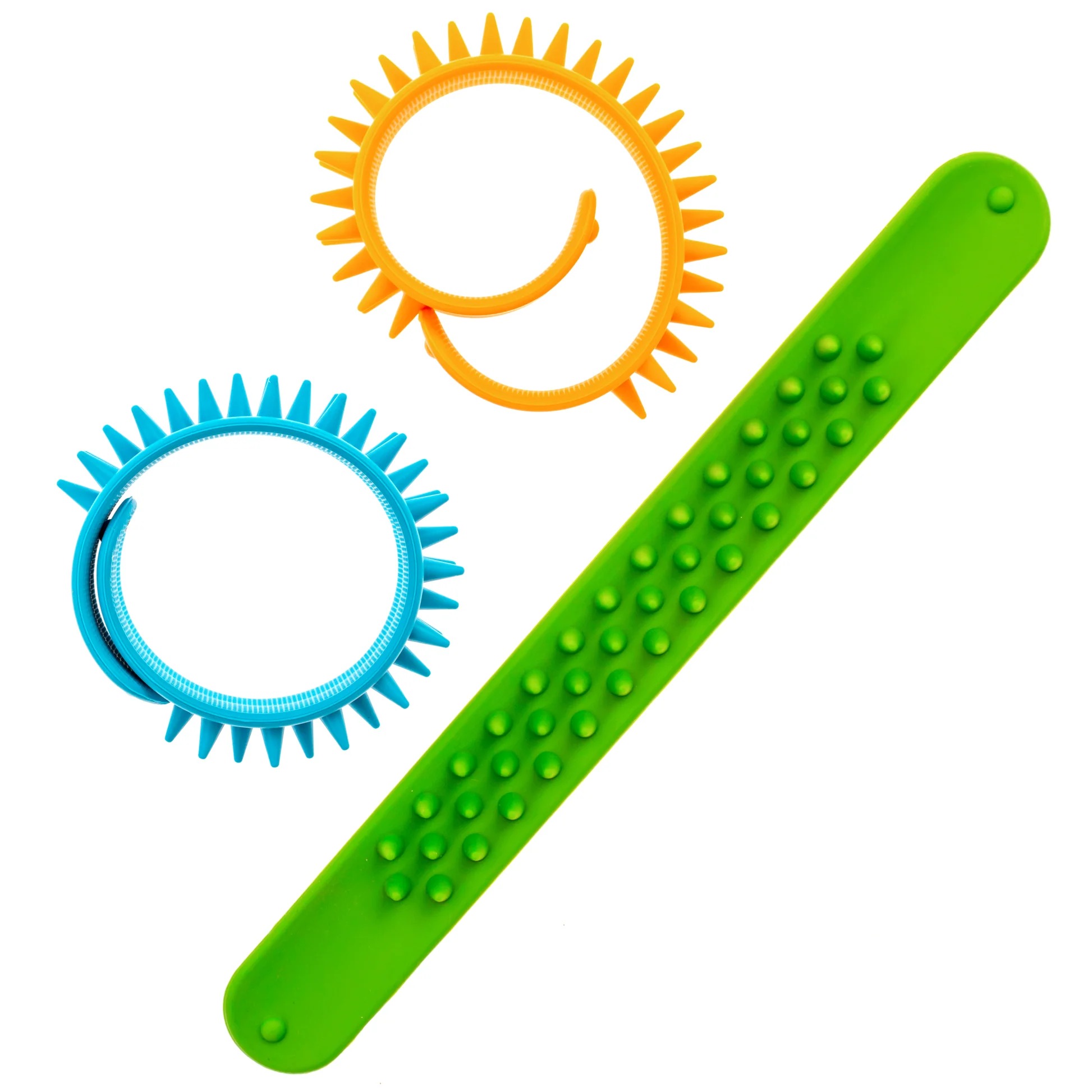 3 spikey snap braceletes, rolled up and stretched out