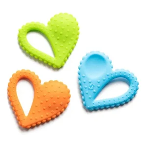 three heart shaped teething spoons in green, orange and blue