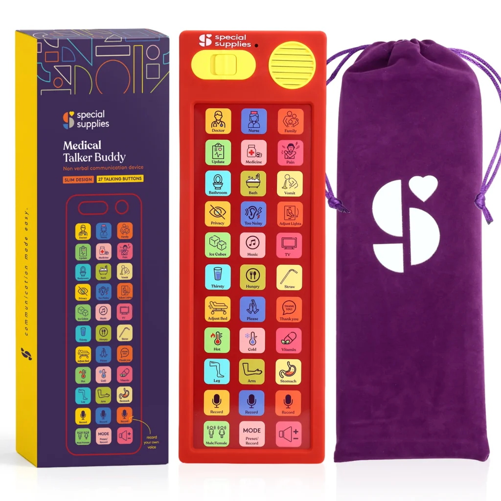 red rectangular device with multicolored buttons with icons