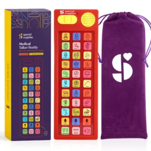red rectangular device with multicolored buttons with icons