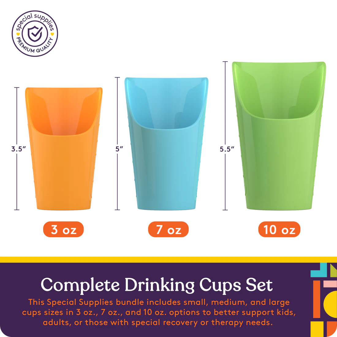 cup set with a cutout on the side, 3oz is orange, 7oz is teal, 10oz is green