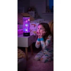 girl looking at light in a dark bedroom