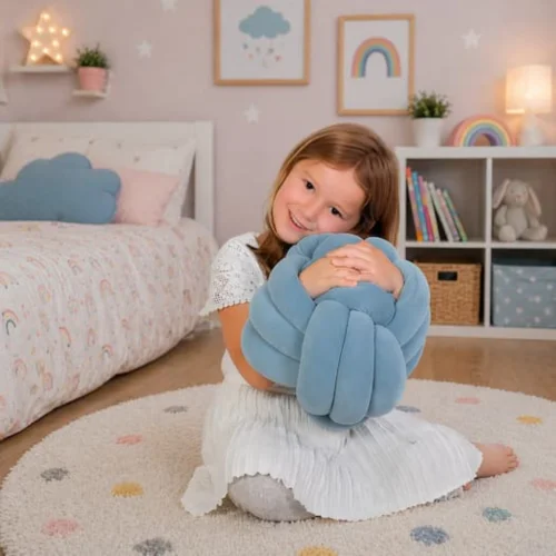 child in room holding pillow that looks like a knot that arms and hands can be wrapped into