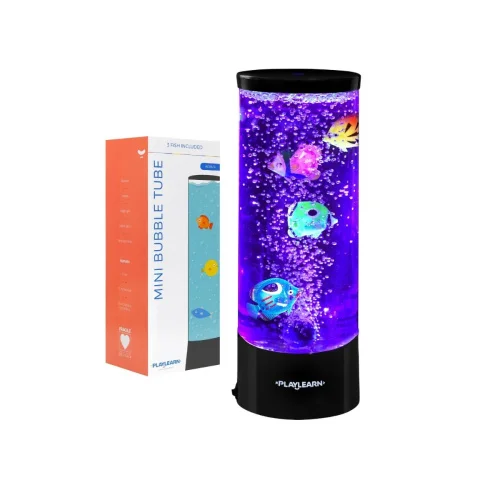 11" tall bubble lamp filled with water and multicolored fish, lit with purple light, black base and top