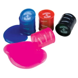 barrel shaped container with blue, red, black or pink slime