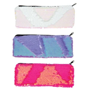 3 sequined pencil pouches in pink/white, purple/blue, and pink/orange