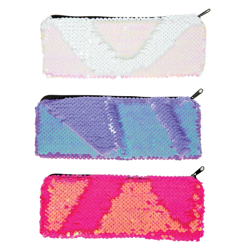 3 sequined pencil pouches in pink/white, purple/blue, and pink/orange