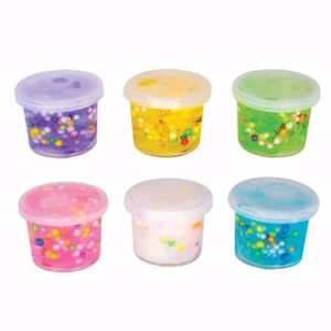 jars of slime with balls inside, each a different color, purple, yellow, green, pink, white and blue