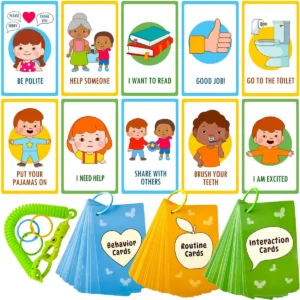 illustrated cards in different categories: behavior, routine, interaction