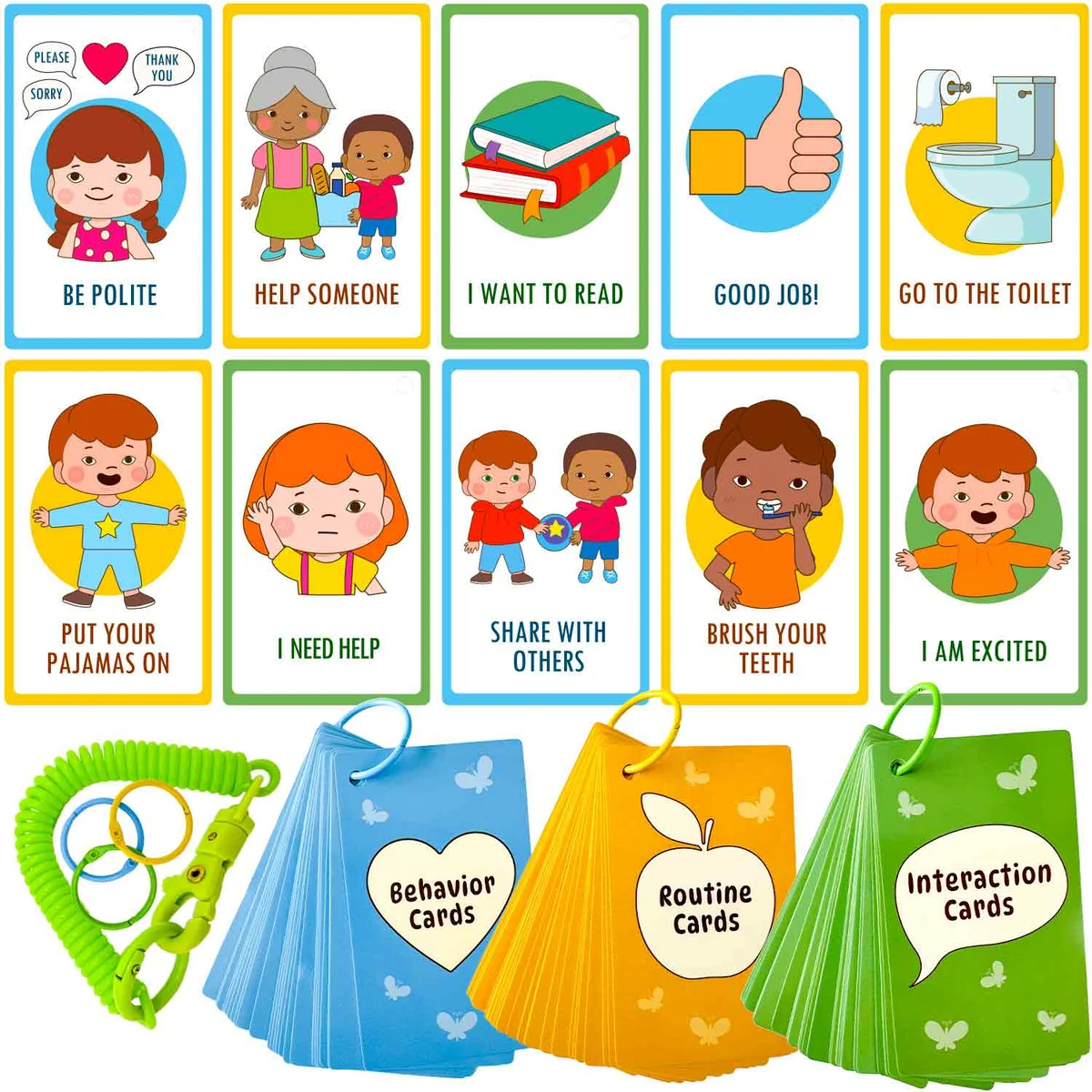 illustrated cards in different categories: behavior, routine, interaction