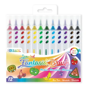 12 brush markers in rainbow of colors with fruit on the package