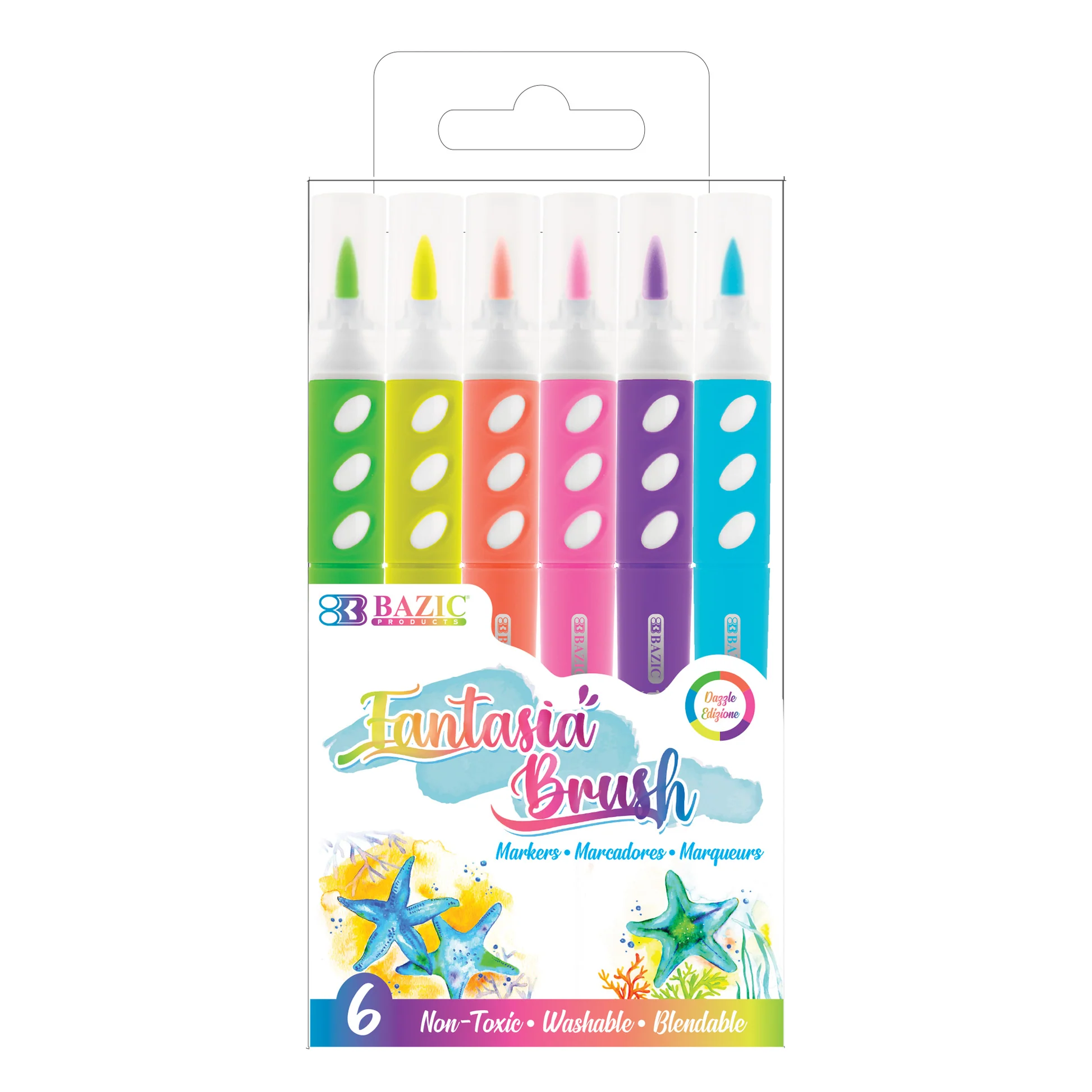 6 florescent markers in green yellow, orange, pink, purple and blue