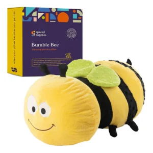 plush yellow bumblebee with black striped body and green wings