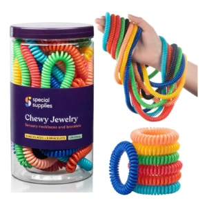 plastic container of coiled jewelry in a variety of colors