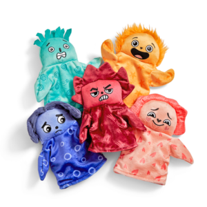 hand puppets in green, orange, pink, red and blue with different facial expressions