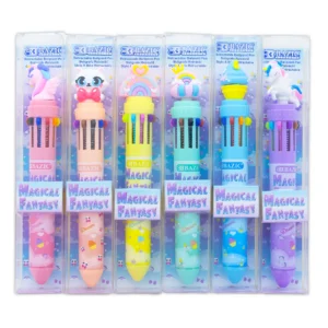 multicolored ball point pens with different figurines at the tops