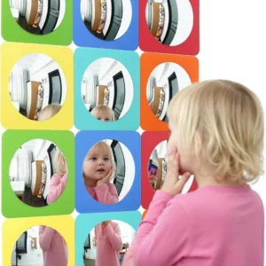 grid of round mirrors on colorful backgrounds with a girl looking into it