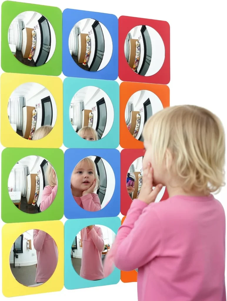 grid of round mirrors on colorful backgrounds with a girl looking into it