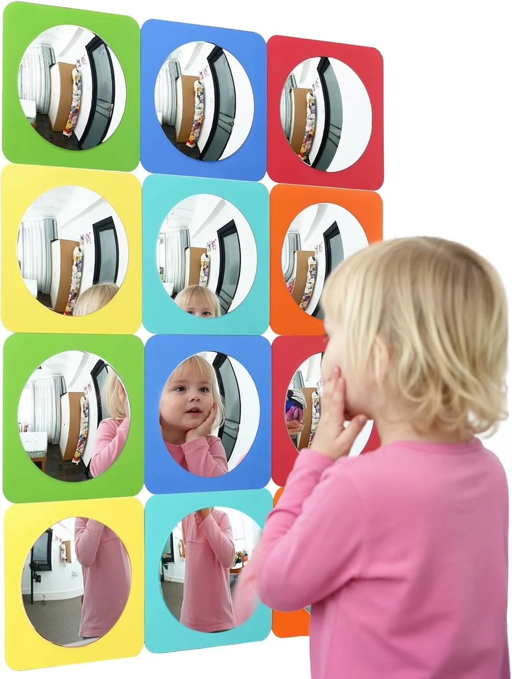 grid of round mirrors on colorful backgrounds with a girl looking into it
