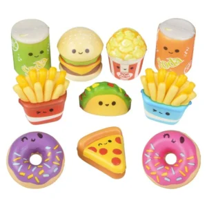 mini squish assortment in food shapes like doughnuts and pizza with smiley faces