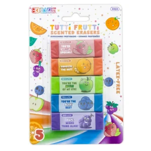 5 erasers in red, orange, green, blue and purple scented like fruits