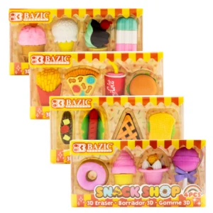 4 packages of 4 erasers shaped like various snacks like french fries, pies, doughnuts and ice creams