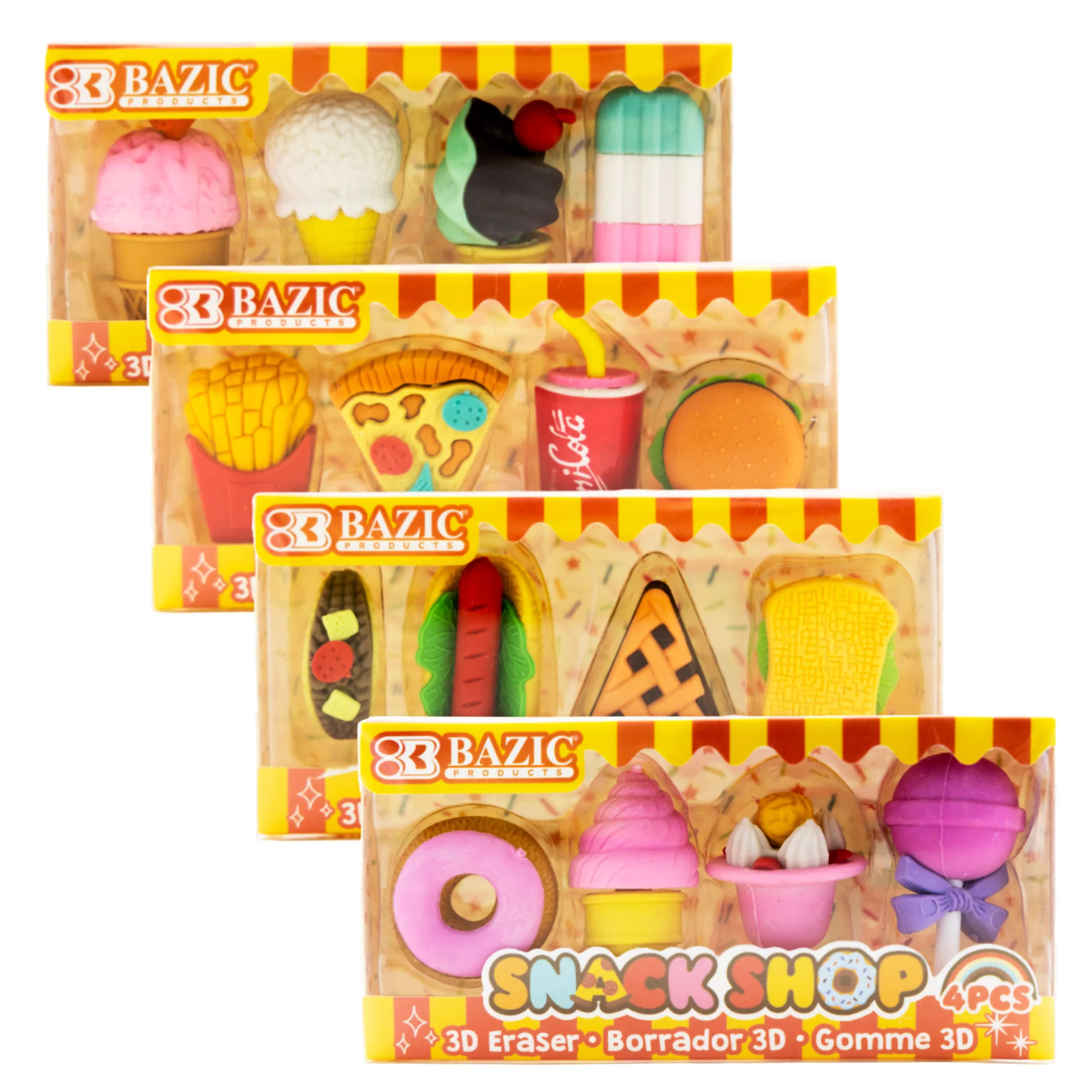4 packages of 4 erasers shaped like various snacks like french fries, pies, doughnuts and ice creams