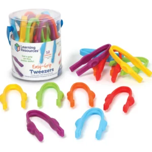 clear plastic cylinder with multicolored plastic tweezers