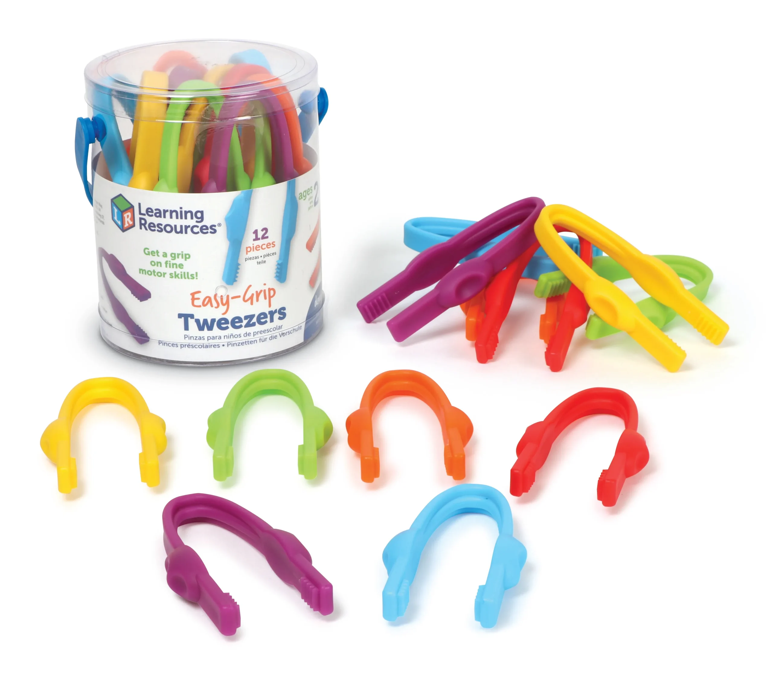 clear plastic cylinder with multicolored plastic tweezers