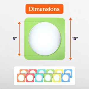 mirror is 8" diameter on 10" square base with rounded corners